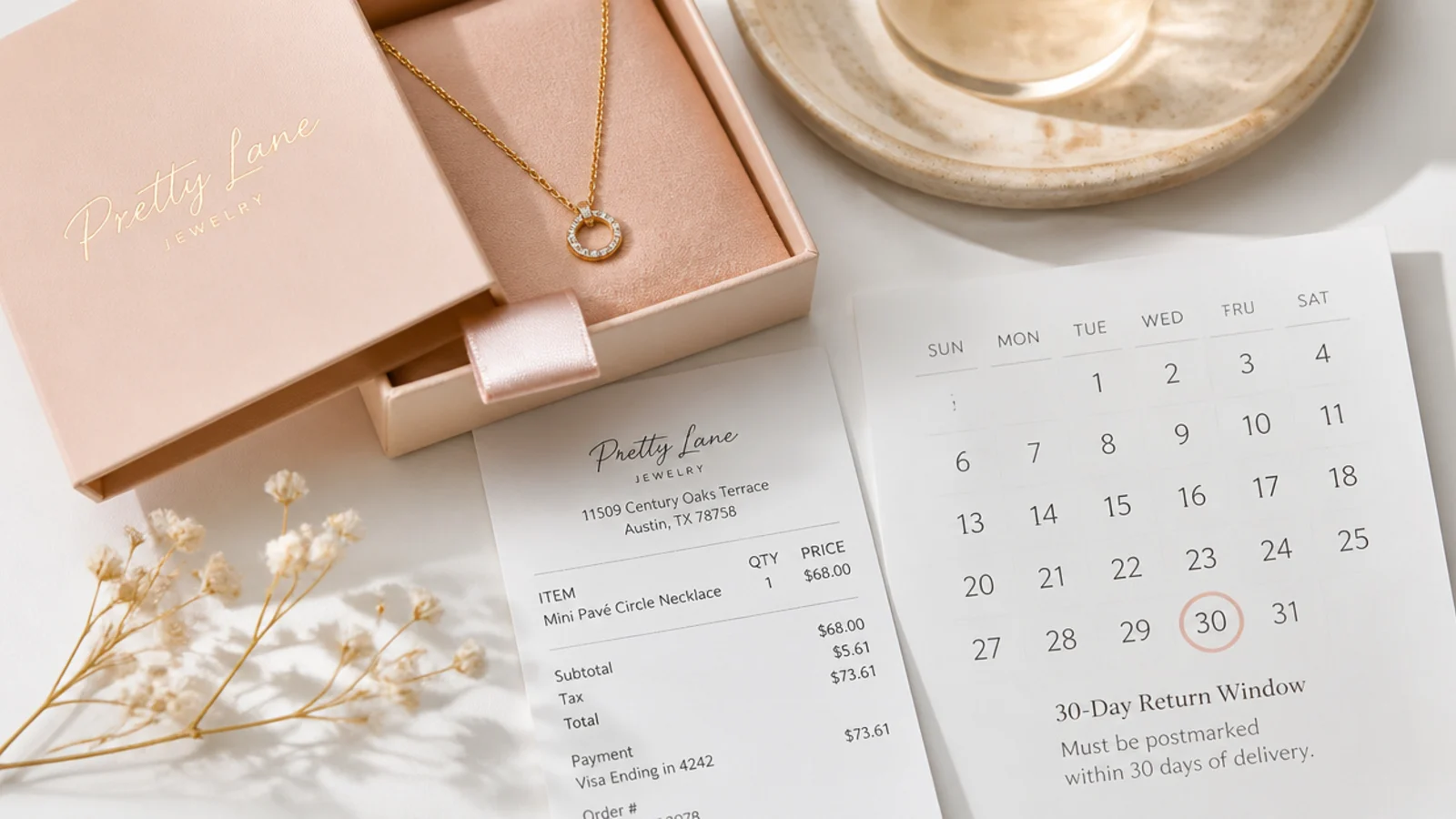 Faceless flat lay of a jewelry box, a receipt and a calendar marked with a 30-day return deadline