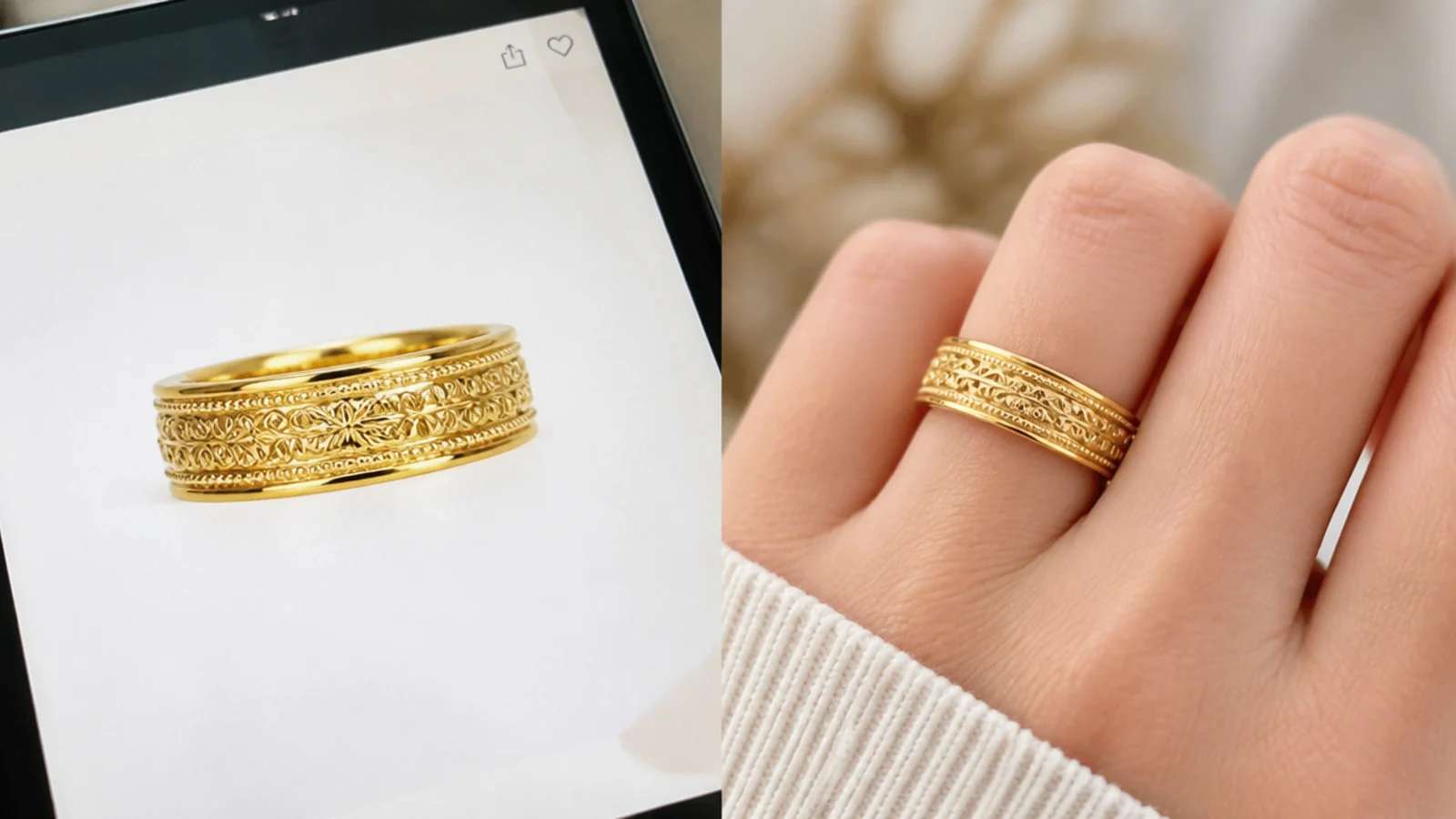 Faceless split image of a bright gold ring on a screen beside the same ring in softer real daylight