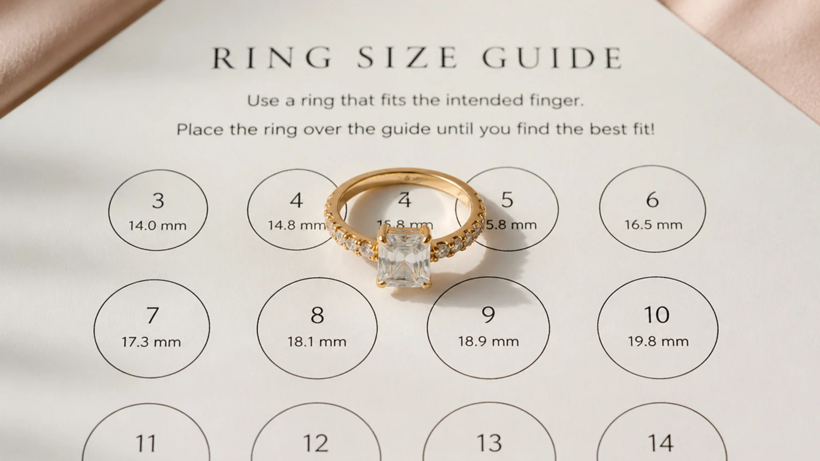 Faceless overhead shot of a ring placed over a printed sizing circle chart on paper
