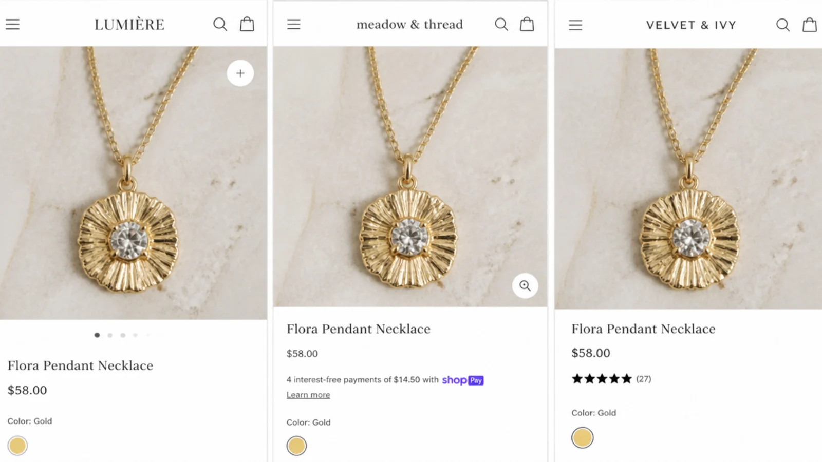 Faceless screenshot of the same gold pendant photo appearing on three different store listings