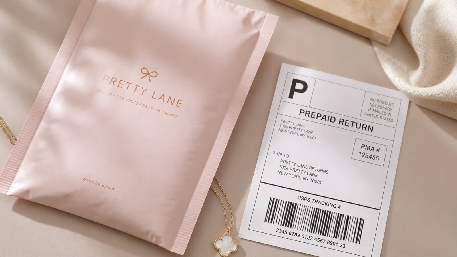 Faceless flat lay of a prepaid return label beside a small padded jewelry mailer