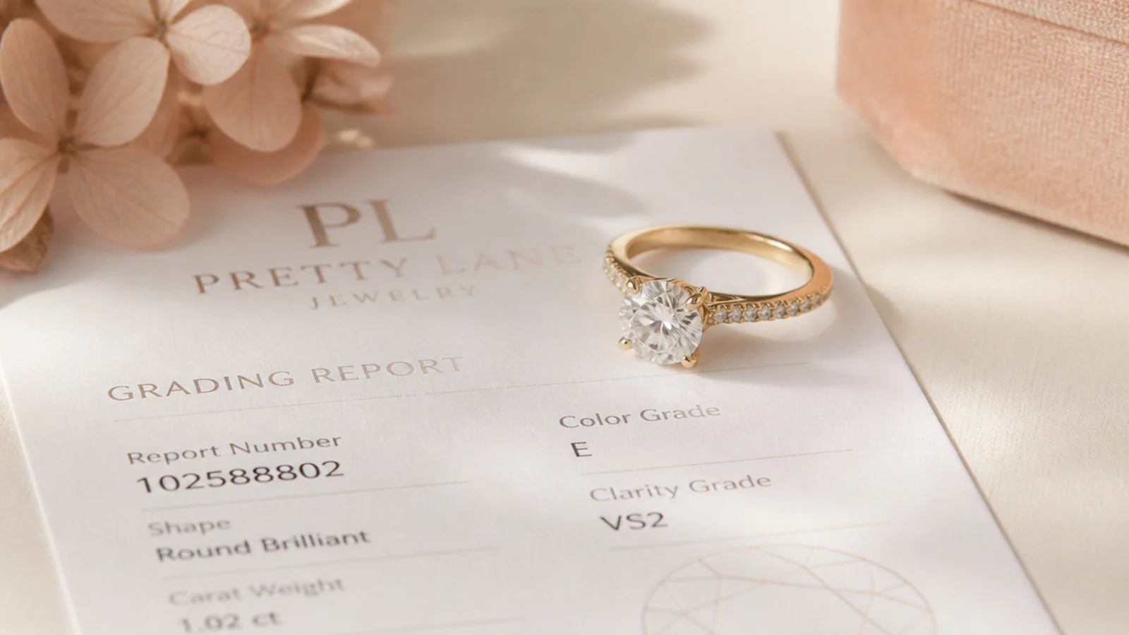 Faceless shot of a diamond ring beside a printed grading report with a report number visible