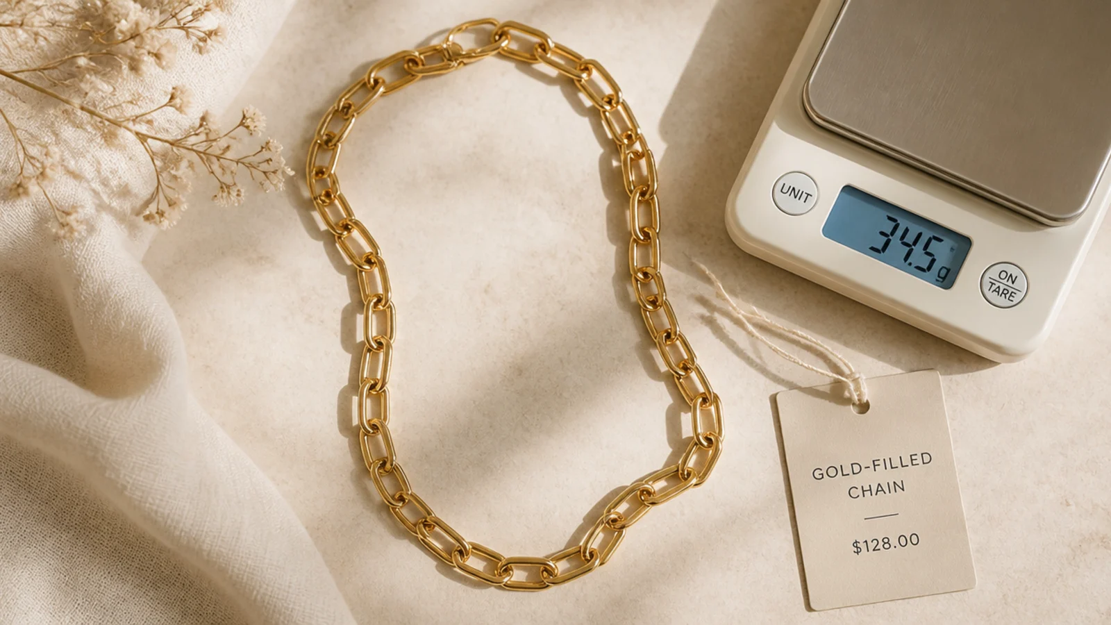 Faceless flat lay of a substantial gold-filled chain beside a price tag and a small scale