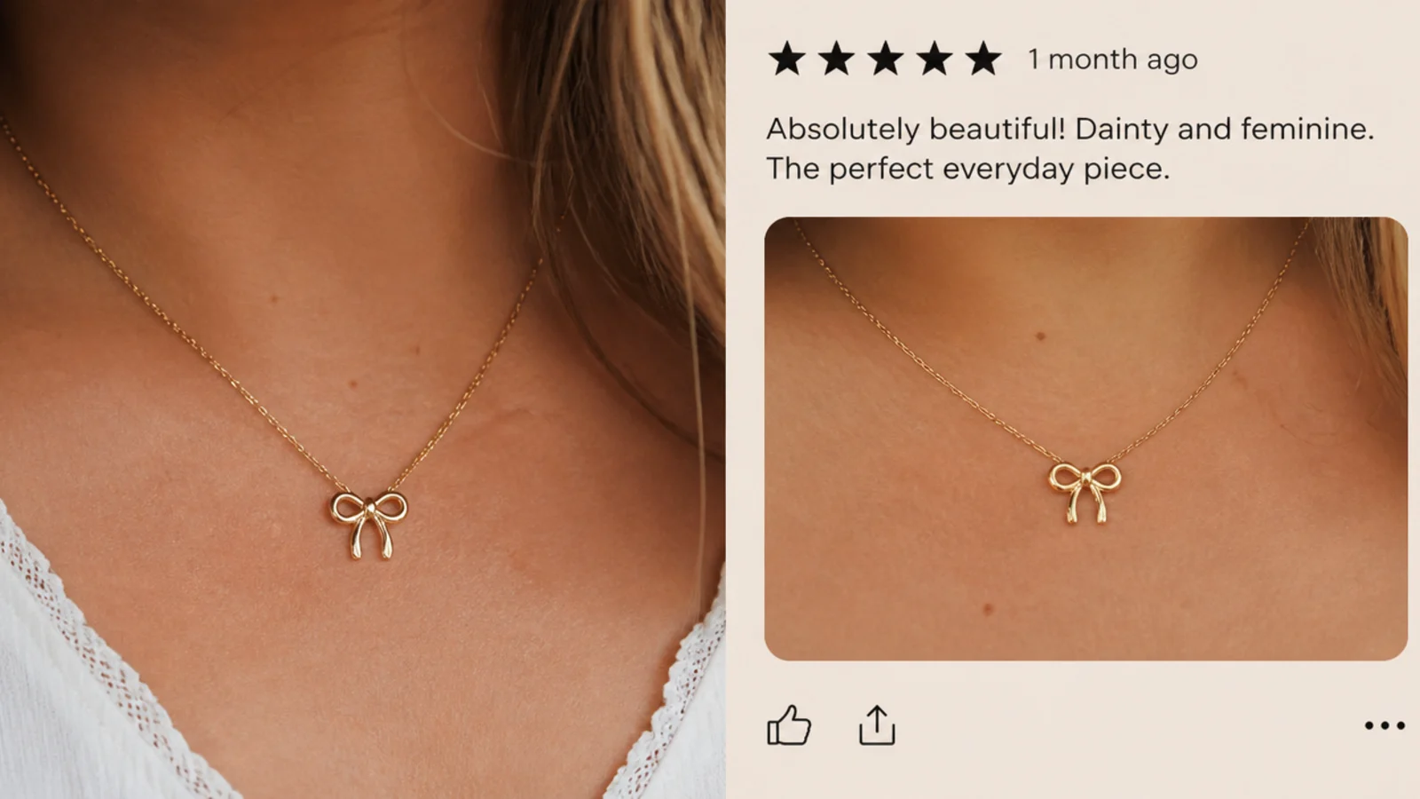 Faceless screenshot of a customer review showing a real photo of a gold necklace on skin