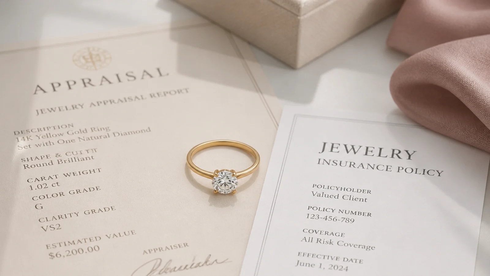 Faceless flat lay of a fine gold ring, an appraisal document and an insurance policy page