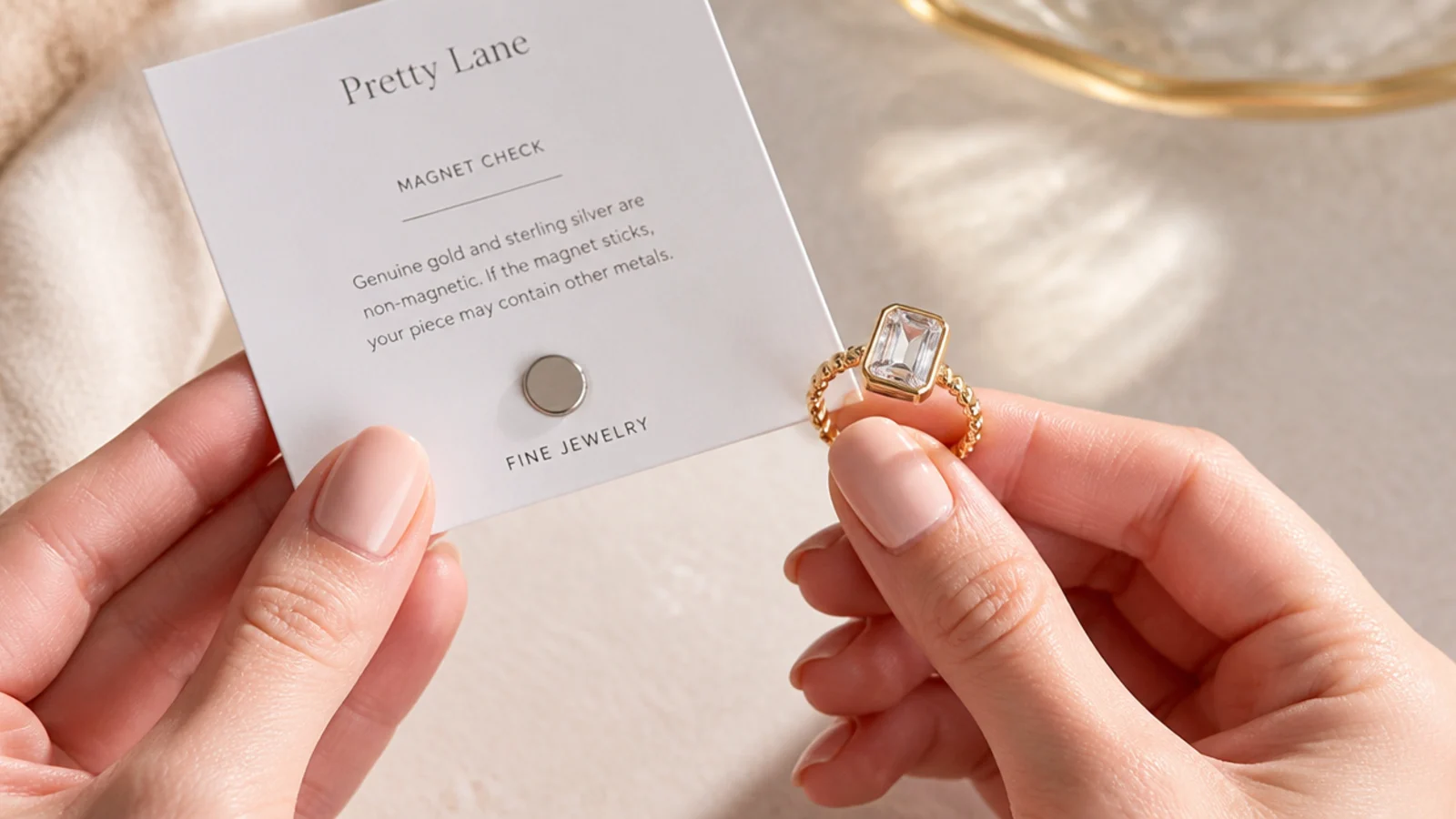 Faceless close-up of a gold ring being checked against a description card and a small magnet