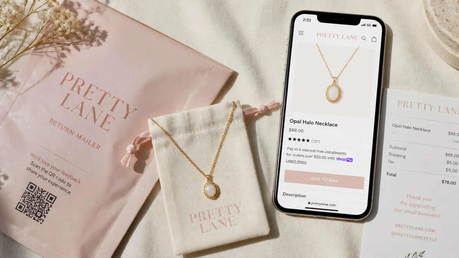 Faceless flat lay of a jewelry piece, a return mailer, a phone with the listing and a receipt