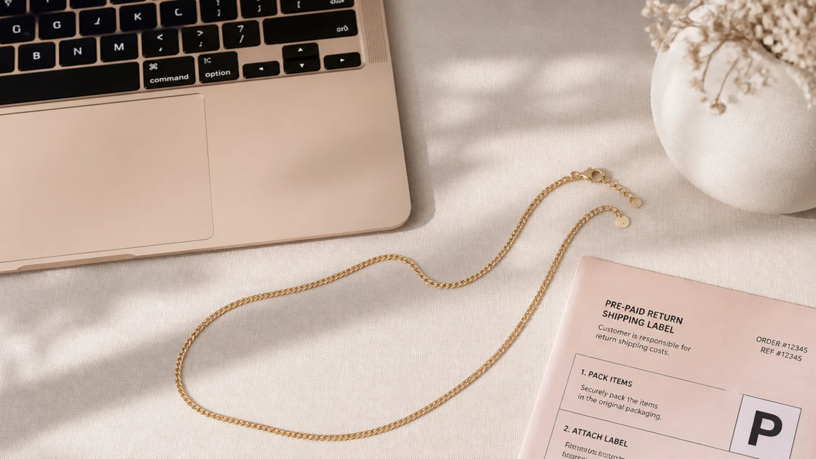 Faceless flat lay of a laptop, a 14K gold chain and a return-shipping label for buying jewelry online