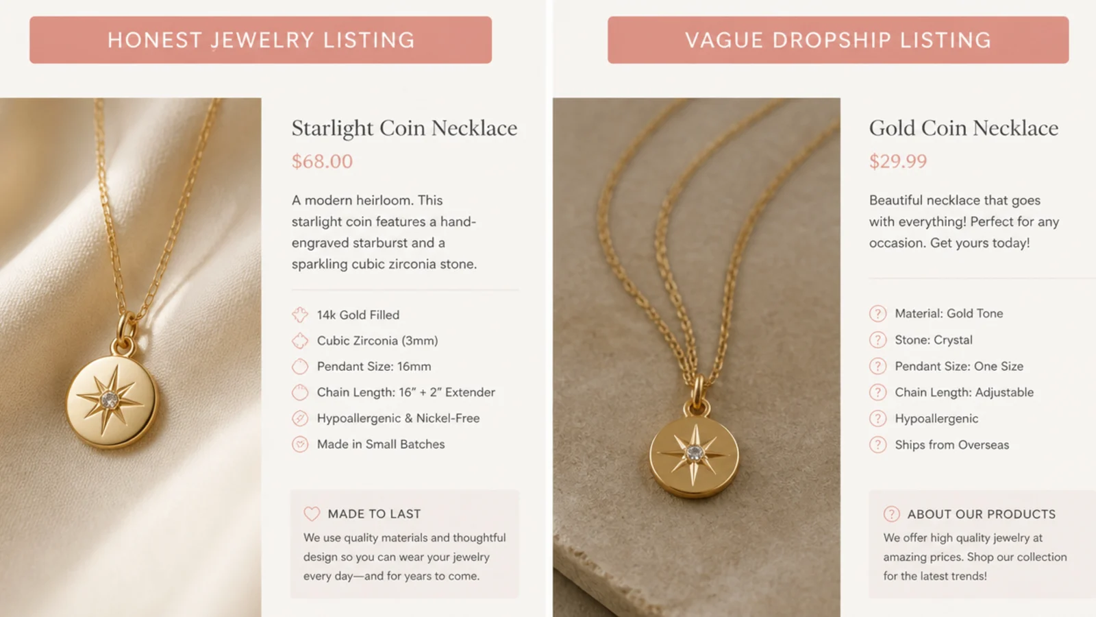 Faceless screenshot comparison of an honest jewelry listing beside a vague dropship listing