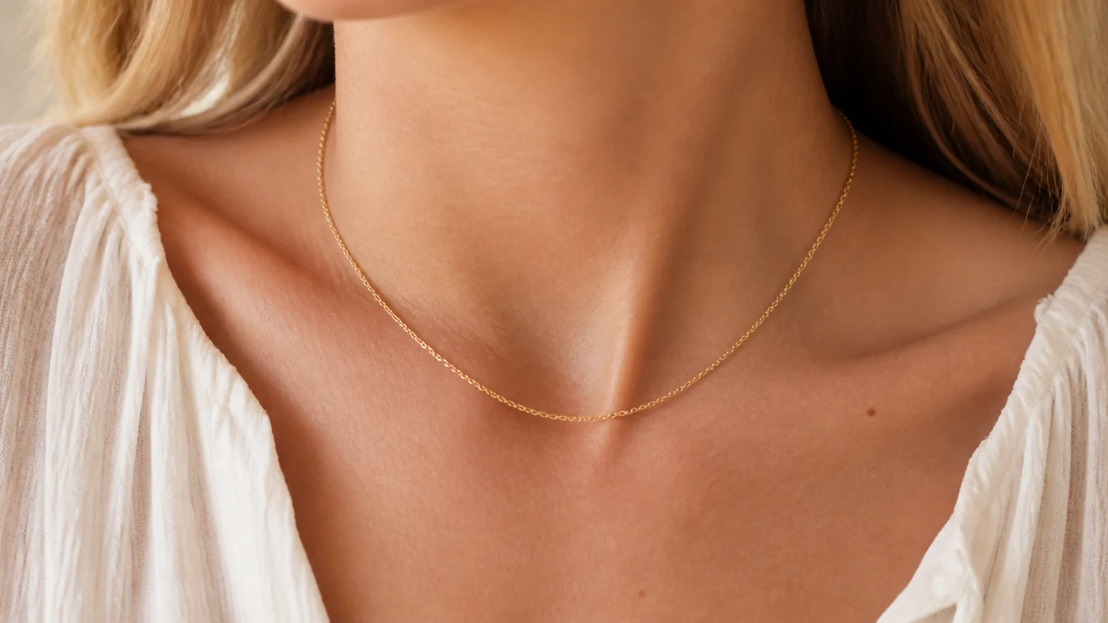 Faceless close-up of a delicate thin gold cable chain necklace at collarbone length