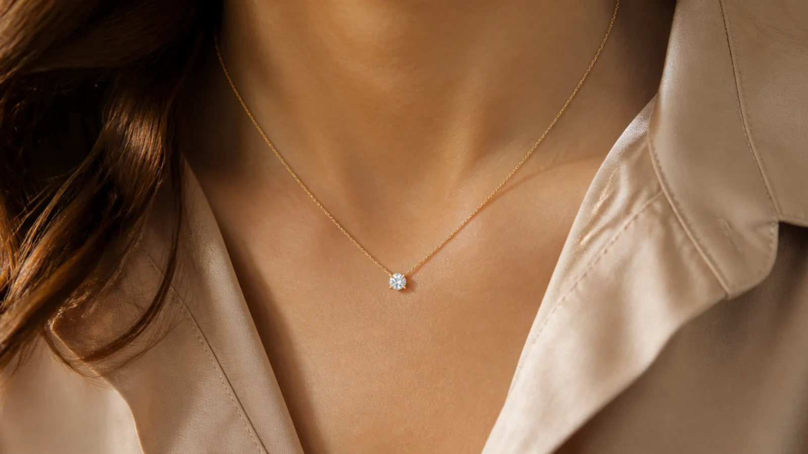 Faceless close-up of a single small diamond solitaire pendant on a fine gold chain