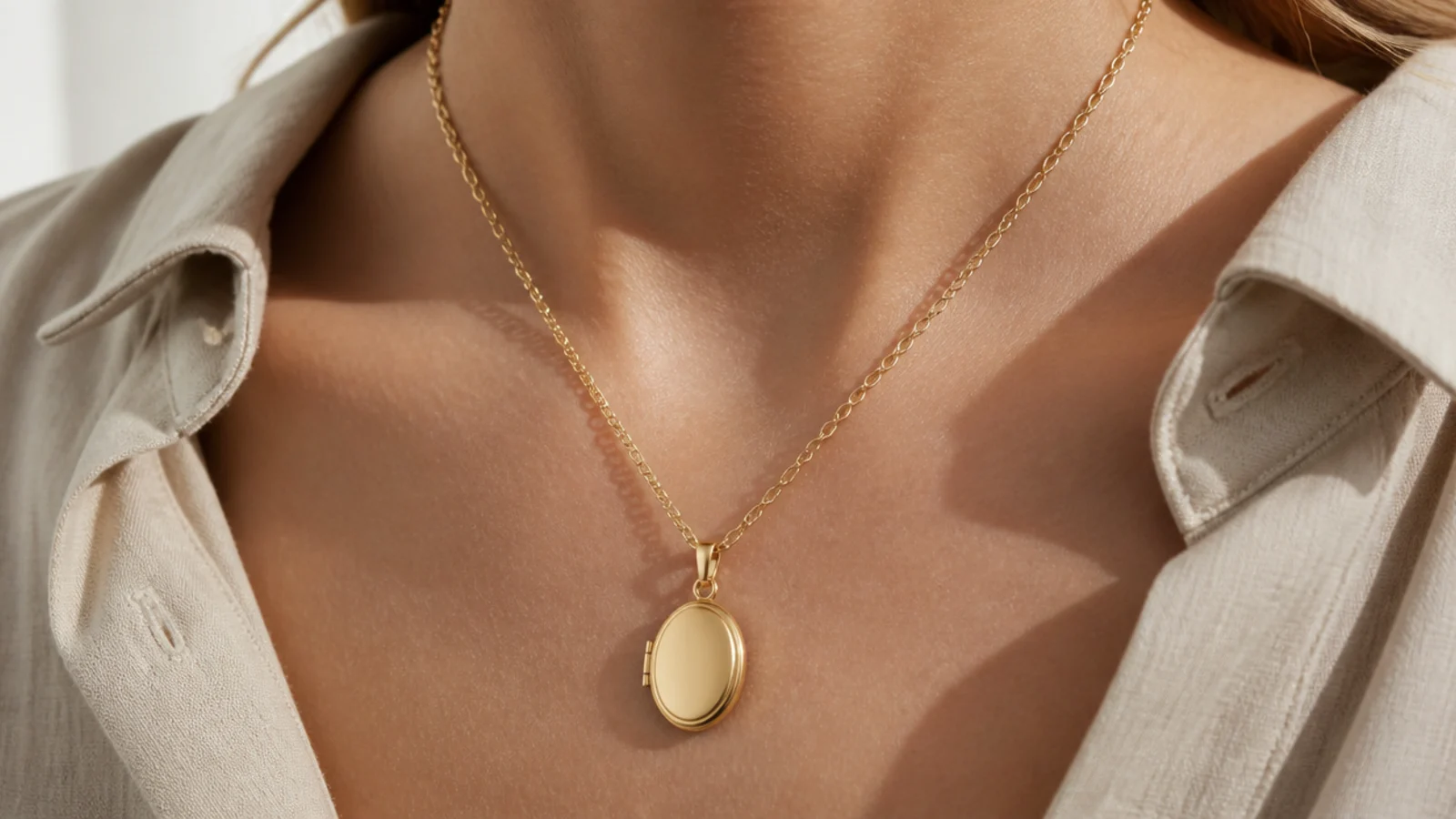 Faceless close-up of a small oval gold locket pendant on a medium gold chain