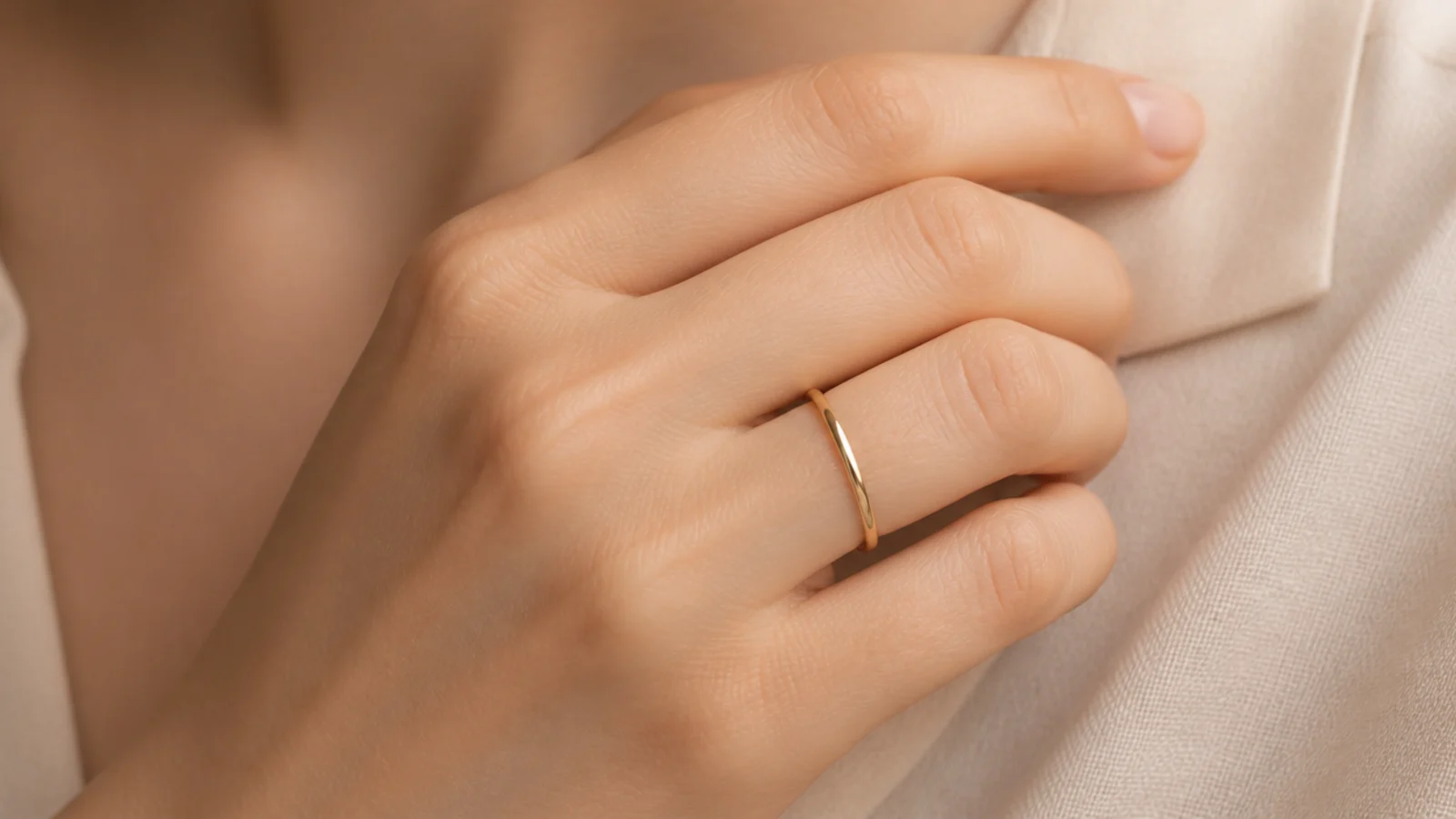 Faceless close-up of a plain slim gold band ring worn alone on the ring finger