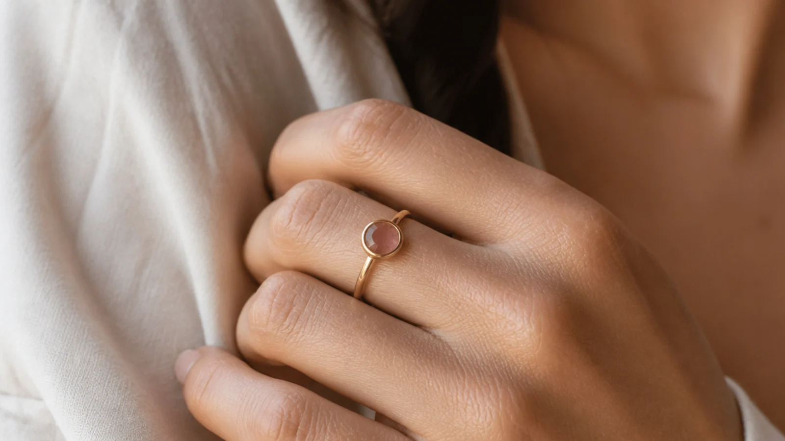 Faceless close-up of a small single-stone gold ring with a bezel-set colored gemstone