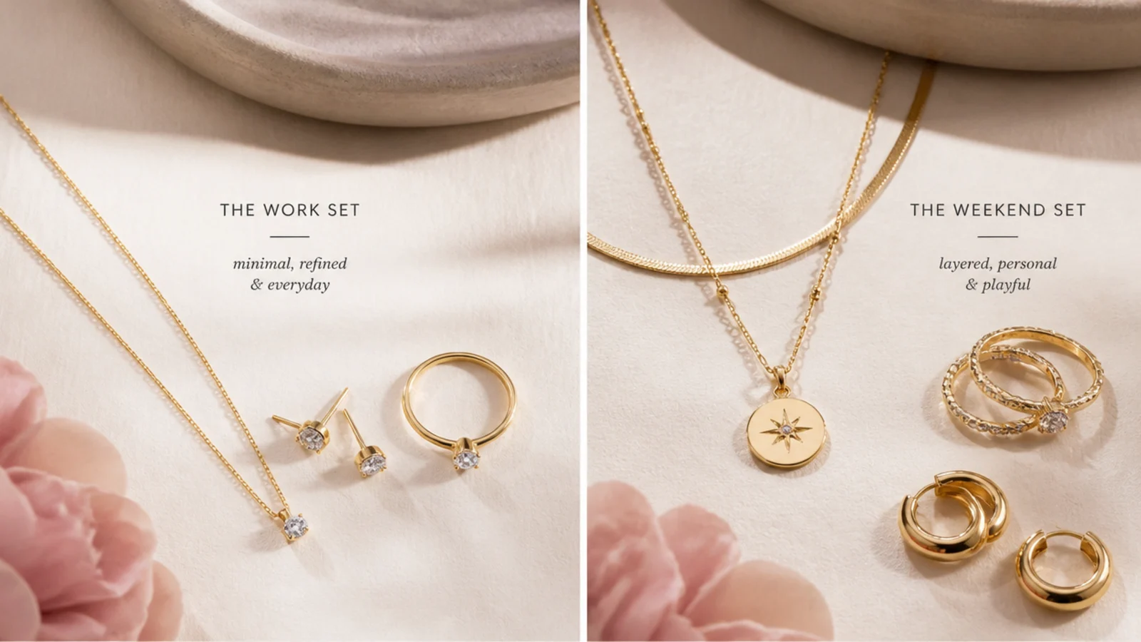 Faceless side-by-side of a minimal work jewelry set beside a stacked weekend jewelry set