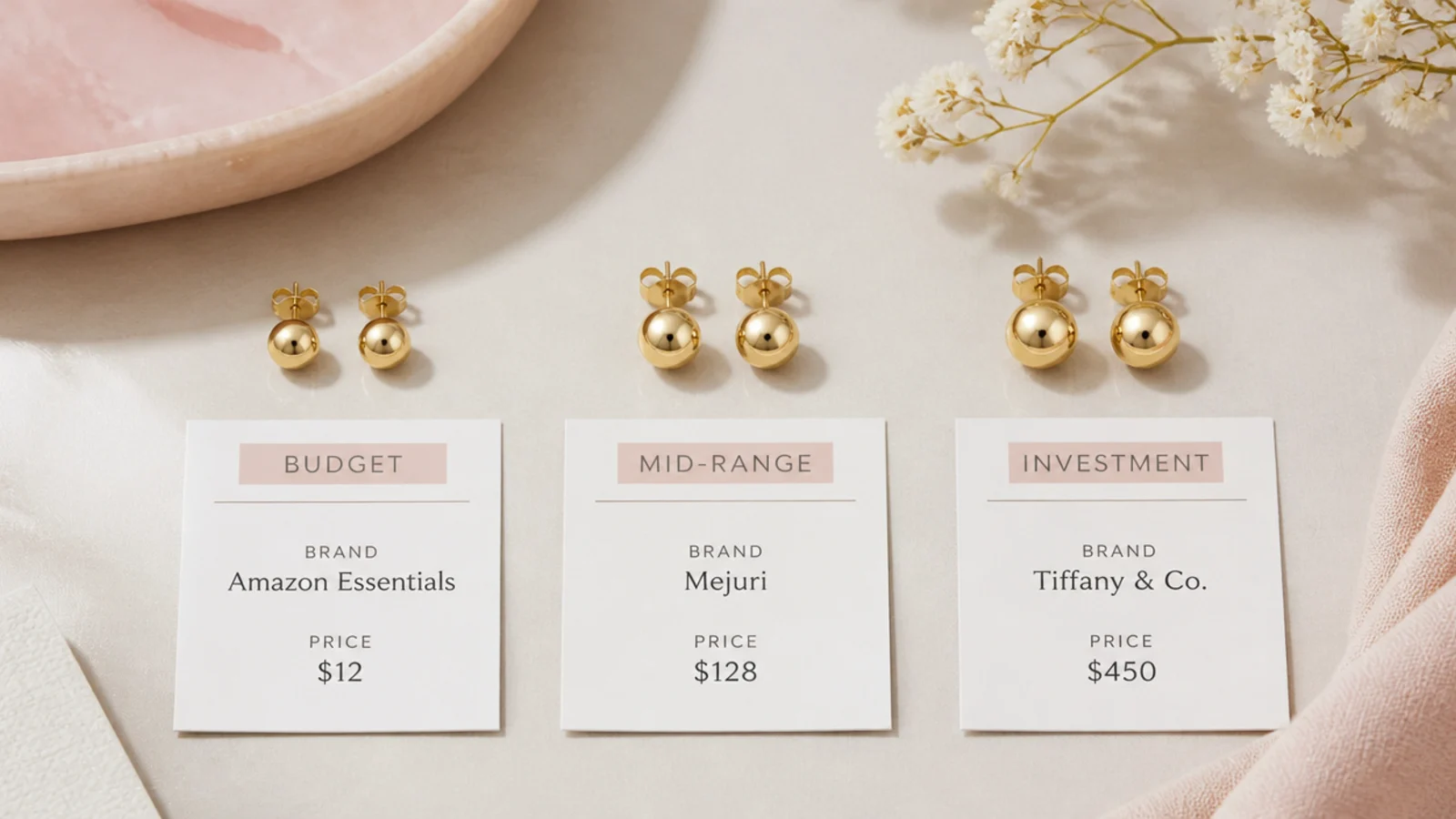 Faceless flat lay comparing budget, mid-range and investment versions of the same gold stud earring