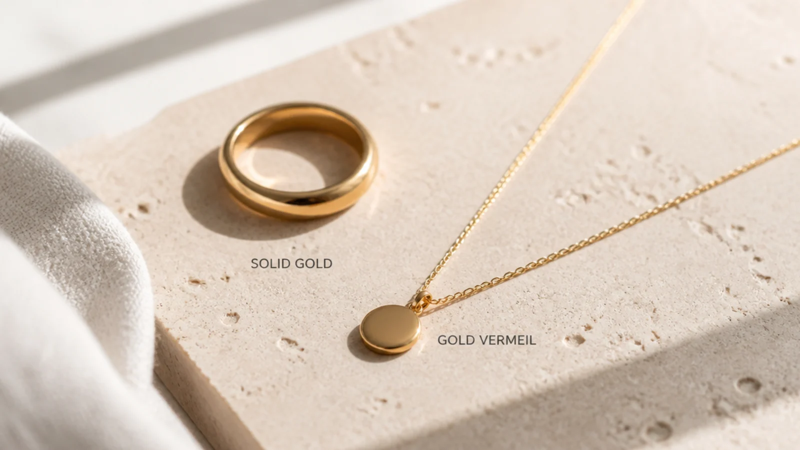 Faceless close-up comparing a solid gold ring beside a gold vermeil necklace on a neutral surface