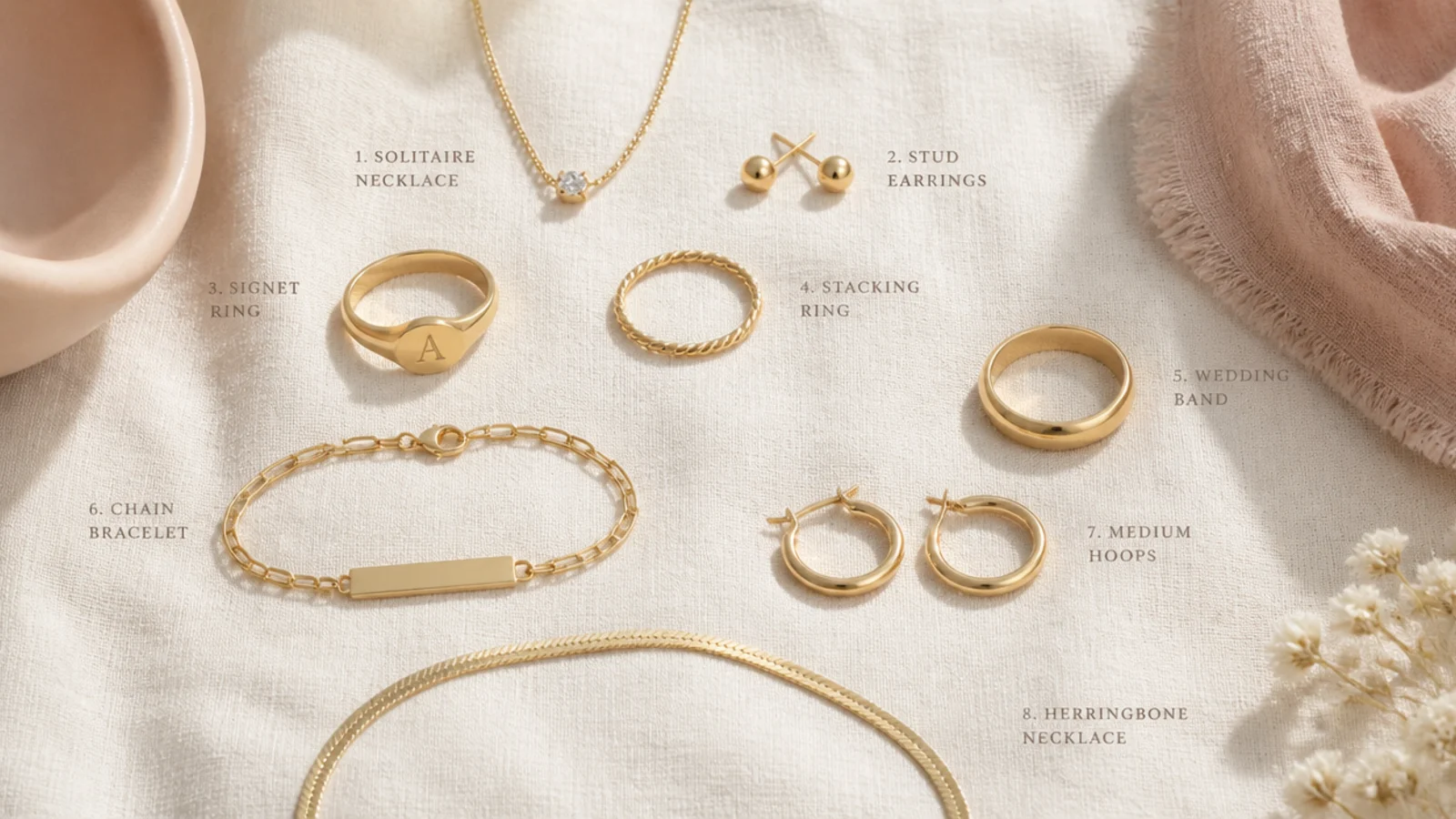 Faceless flat lay of eight core starter jewelry pieces arranged in build order on linen