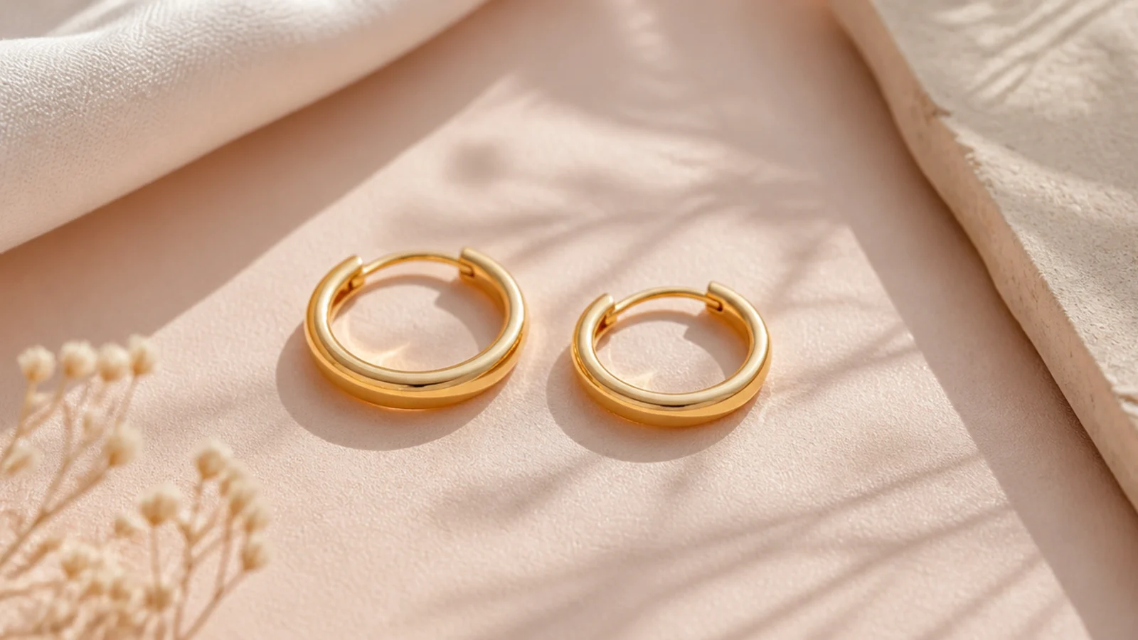 Faceless close-up of small gold vermeil huggie hoop earrings, an affordable everyday pick under fifty dollars