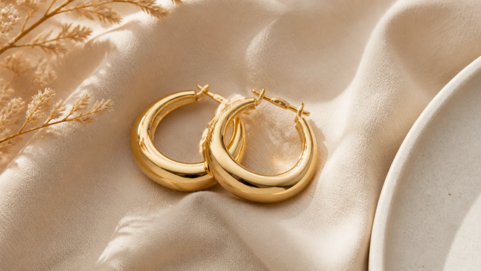 Faceless close-up of lightweight gold-plated chunky hoop earrings, a budget under-fifteen-dollar pick