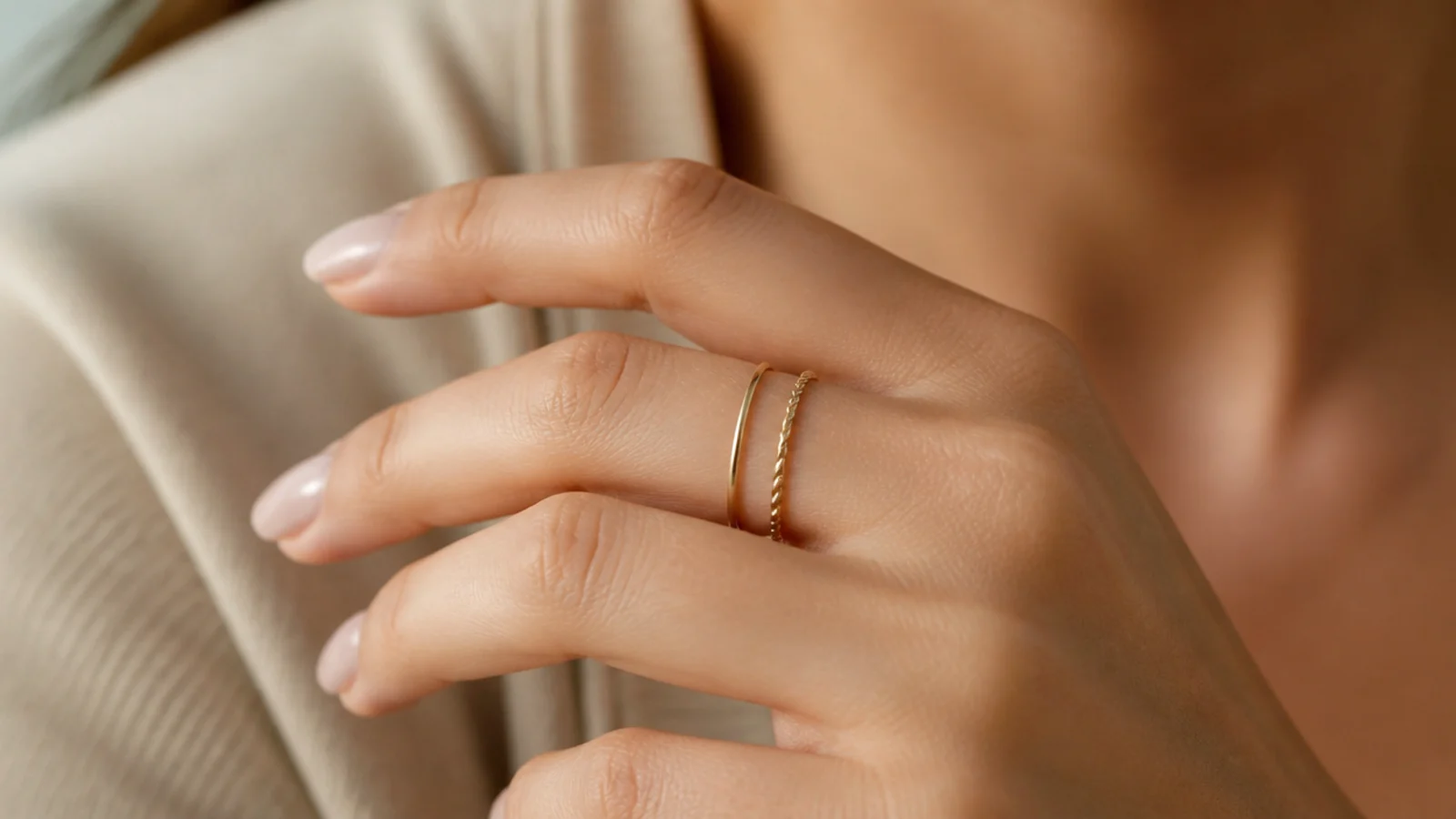 Faceless close-up of thin gold-filled stacking rings on fingers, a durable everyday pick under fifty dollars
