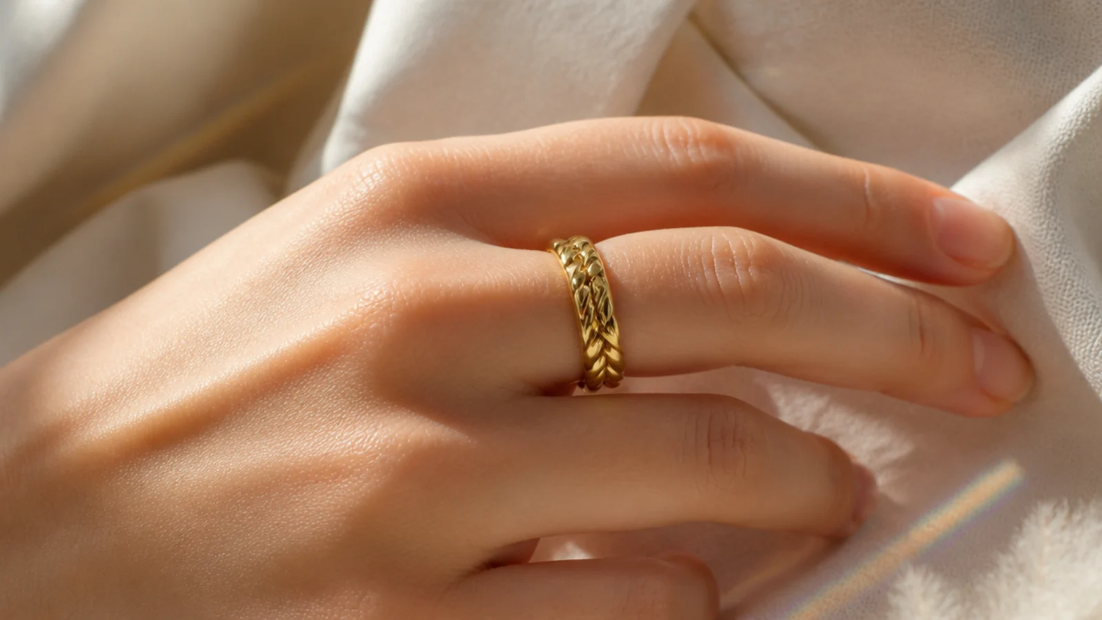 Faceless macro of a gold vermeil ring showing a thick gold layer over a sterling silver core