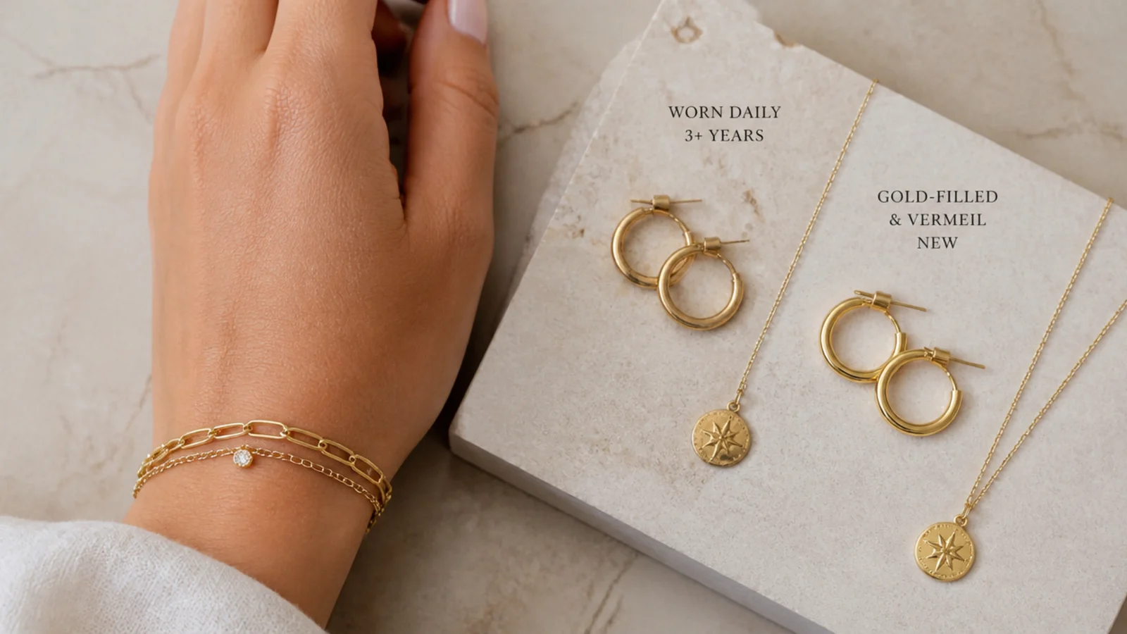Faceless flat-lay showing worn plated jewelry beside intact gold-filled and vermeil pieces after years of wear