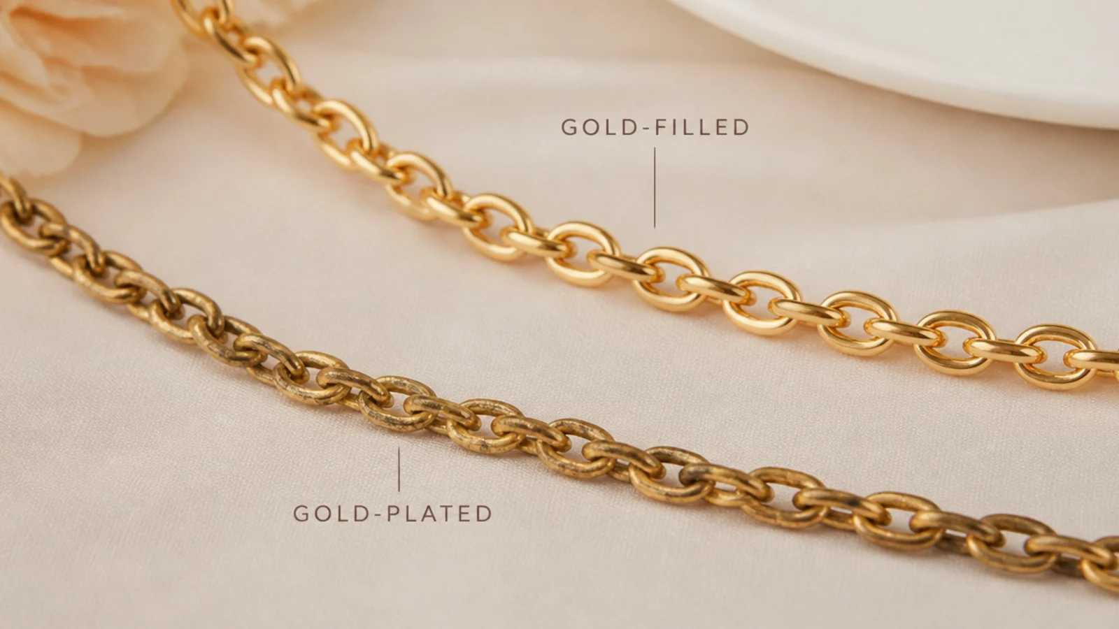 Faceless close-up comparing a bright gold-filled chain with a dulled tarnished gold-plated chain