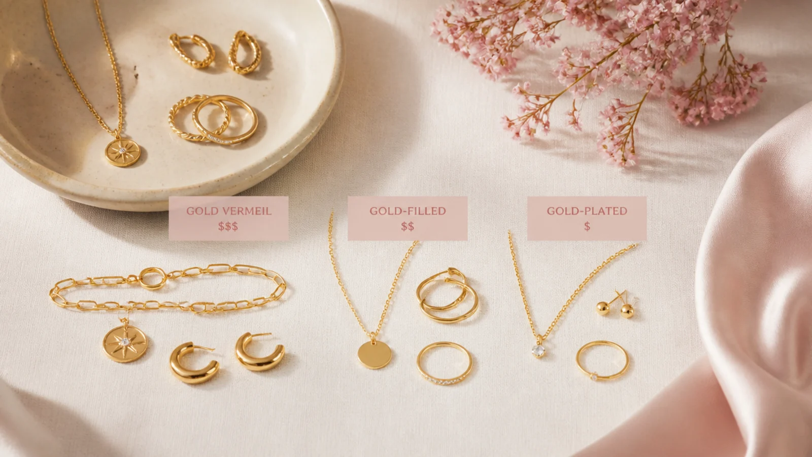 Faceless flat-lay of gold vermeil, gold-filled and plated pieces arranged by realistic price band