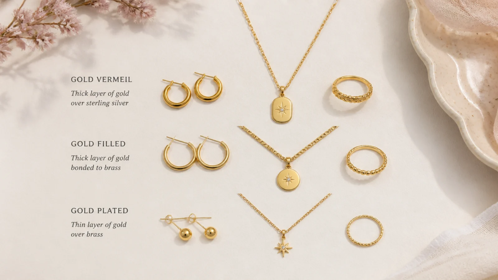 Faceless flat-lay comparing gold vermeil, gold-filled and gold-plated jewelry by material quality
