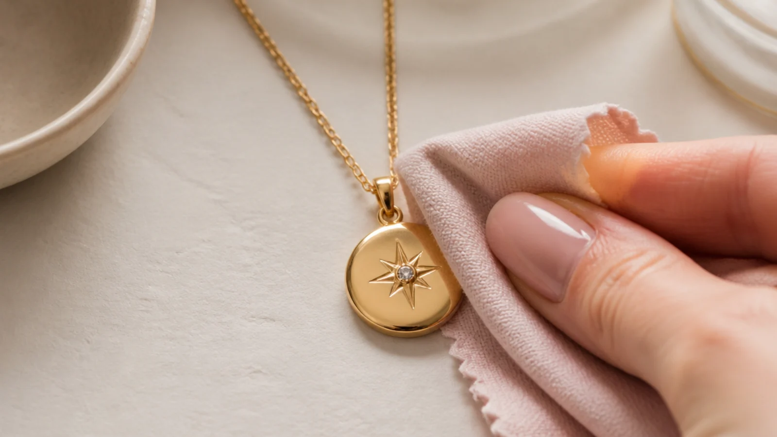Faceless close-up of a soft microfiber cloth wiping a gold pendant necklace after a day of wear