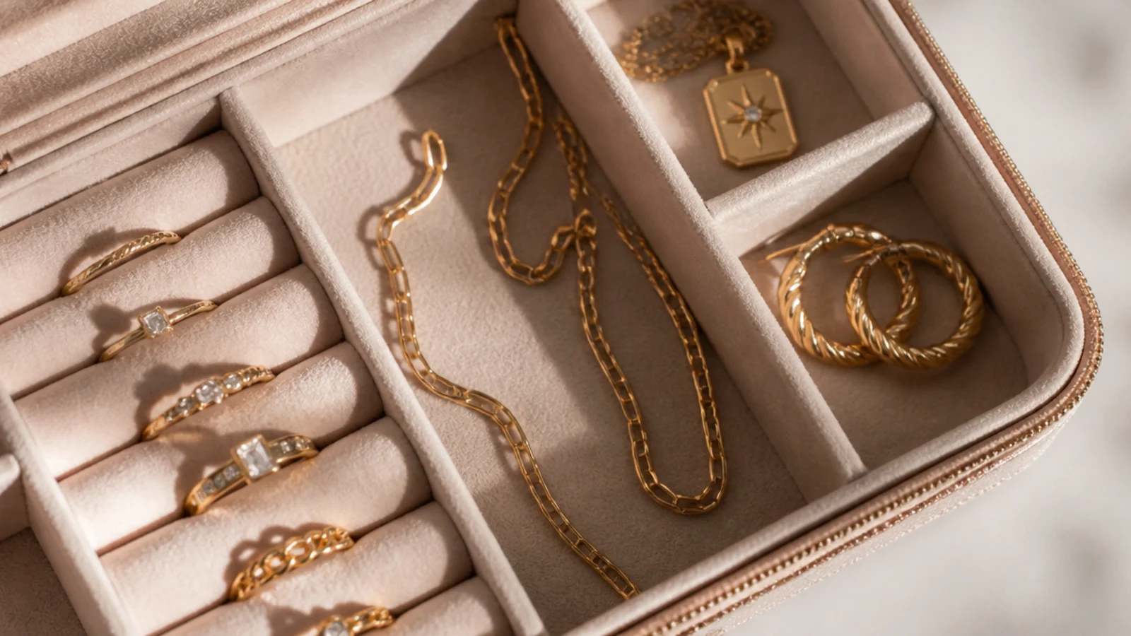 Faceless flat lay of gold rings and chains stored in separate compartments of a lined jewelry box