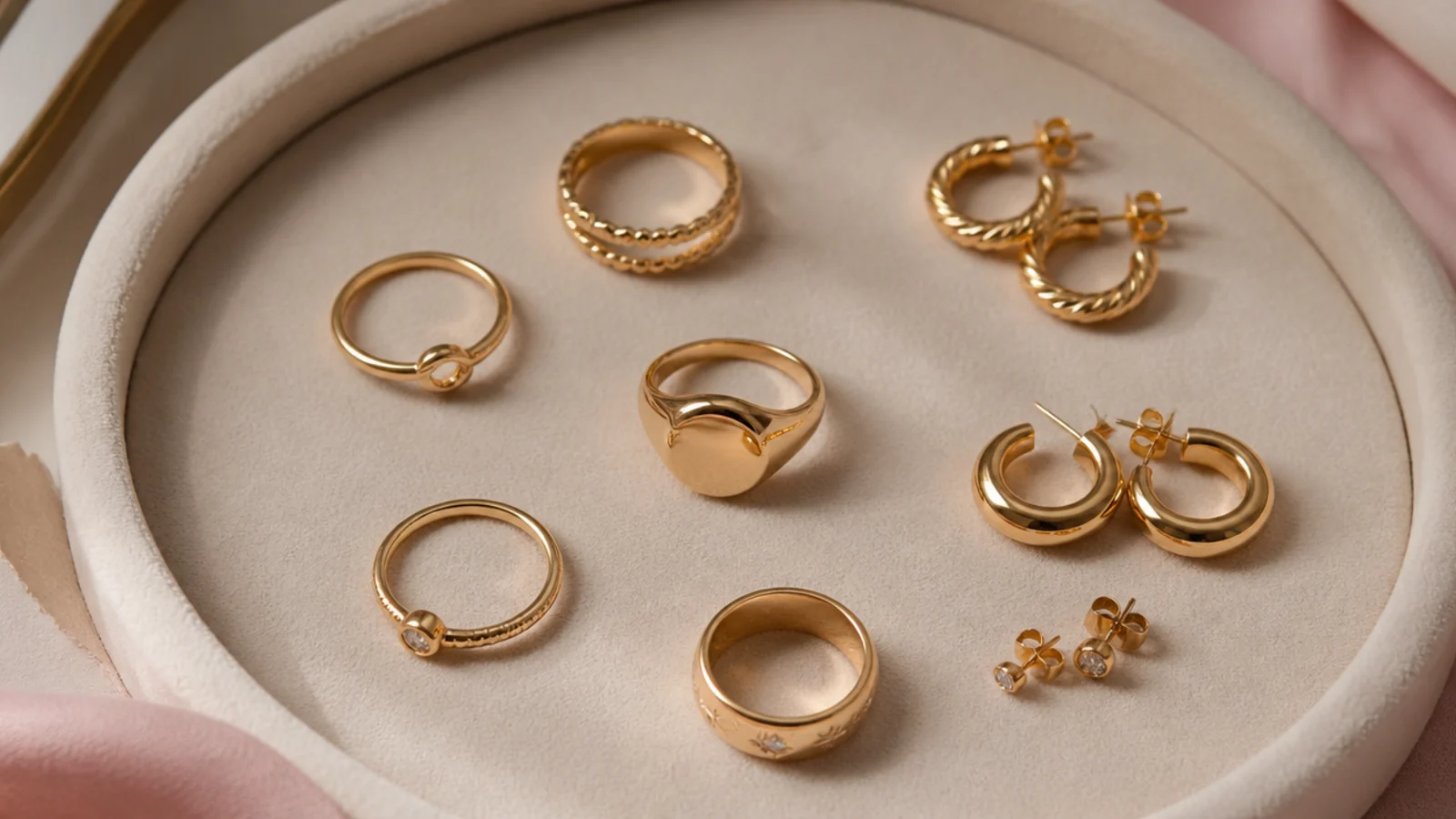 Faceless flat lay of several gold rings and earrings arranged as a rotation on a soft tray