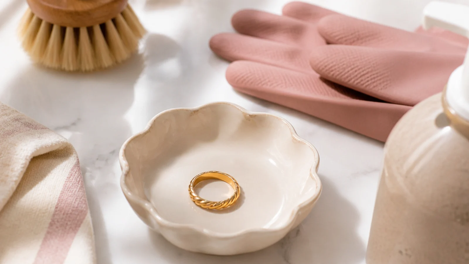 Faceless close-up of a gold ring resting in a dish beside rubber gloves and cleaning supplies