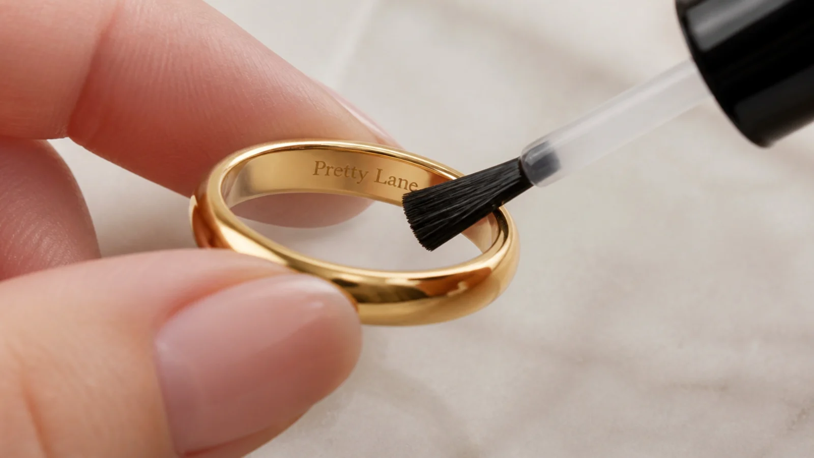 Faceless close-up of a thin clear coat being brushed onto the inside band of a gold ring
