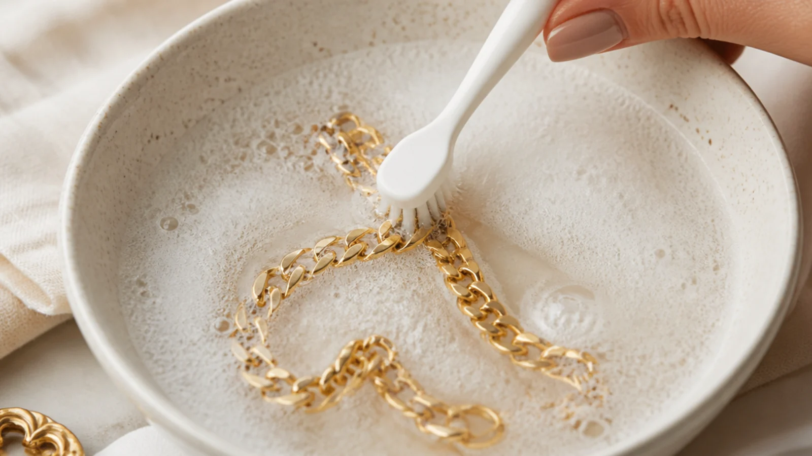 Faceless close-up of a soft toothbrush gently cleaning a gold chain in a bowl of soapy water