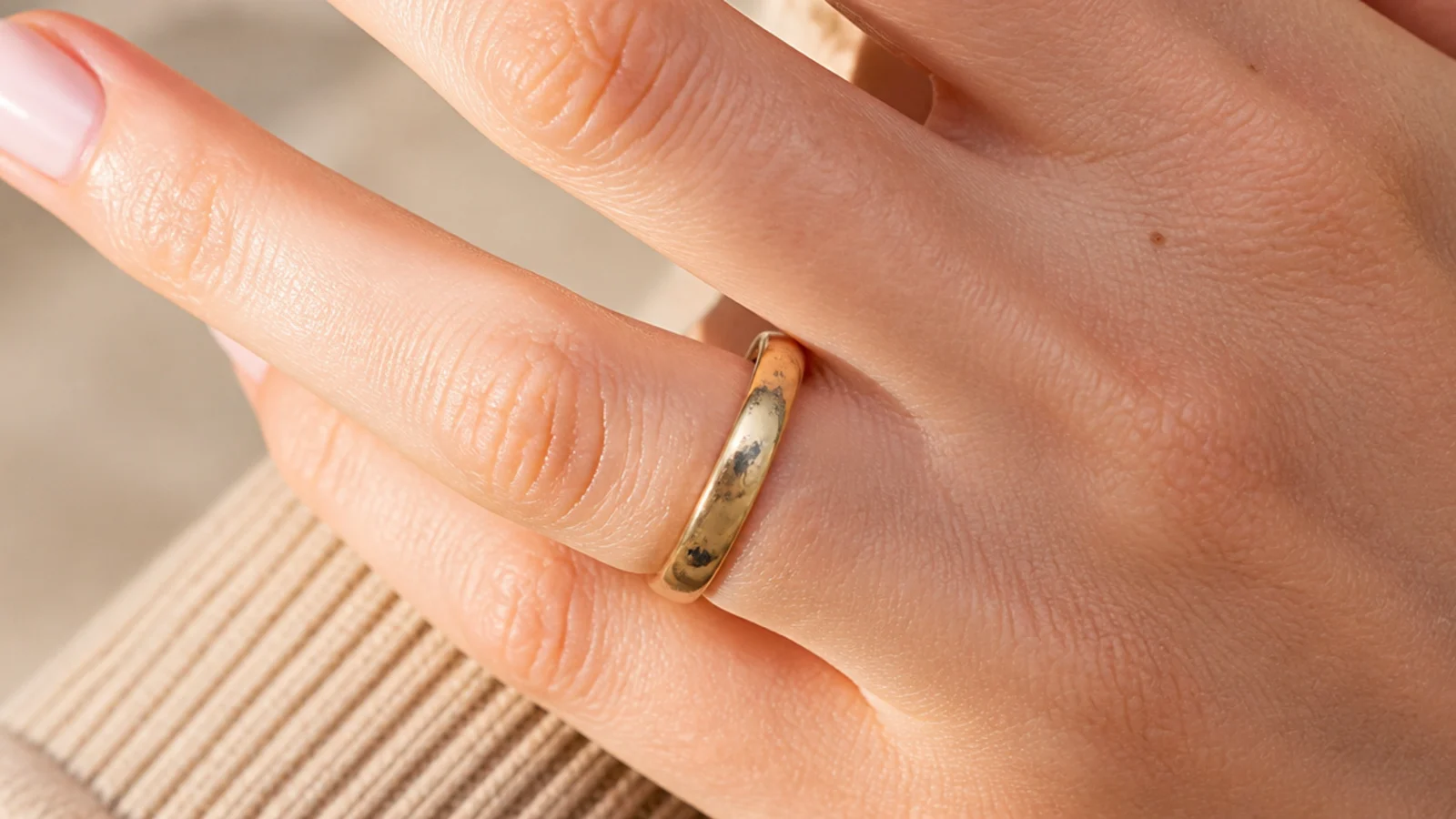 Faceless close-up of a worn gold-plated ring with the base metal showing through at the band