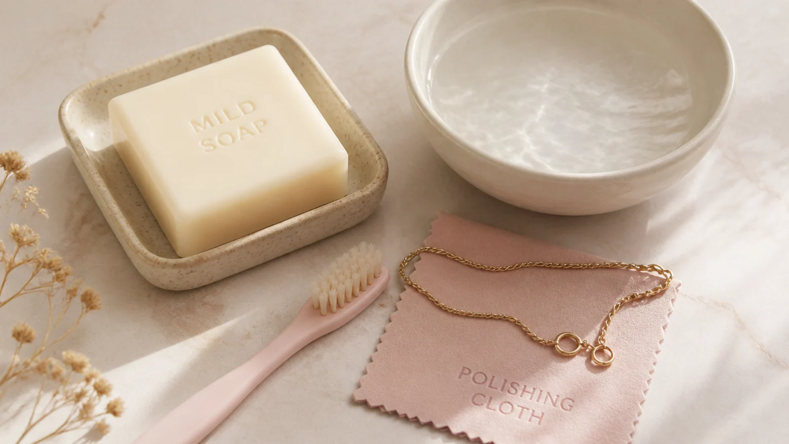 Faceless flat lay of mild soap, a bowl of warm water, a soft toothbrush and a polishing cloth for cleaning gold