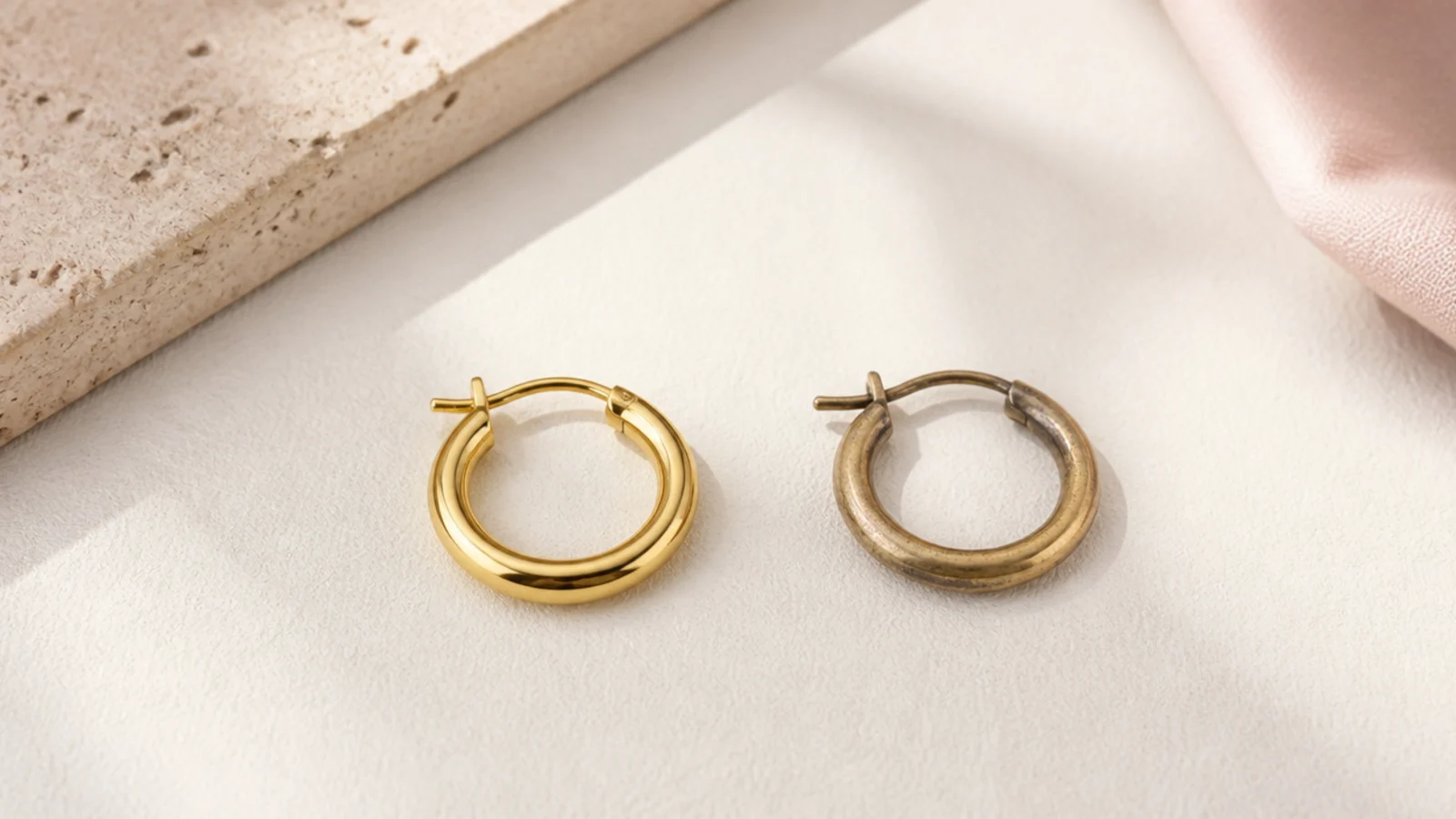 Faceless flat lay comparing a fresh gold-plated hoop beside a faded worn one on a neutral surface