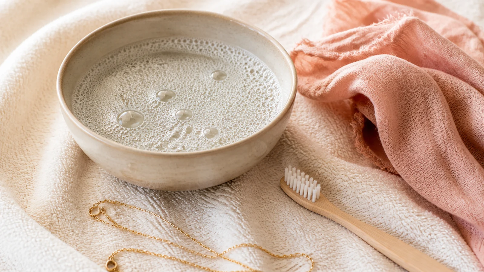 Faceless flat lay of a bowl of warm soapy water, a soft cloth and a soft toothbrush laid out on a towel