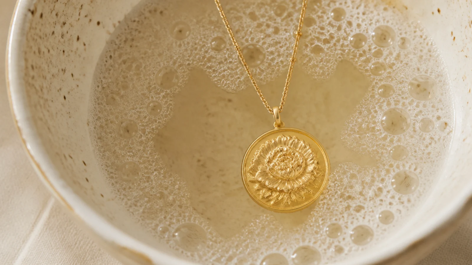 Faceless close-up of a gold-plated pendant resting in a bowl of warm soapy water