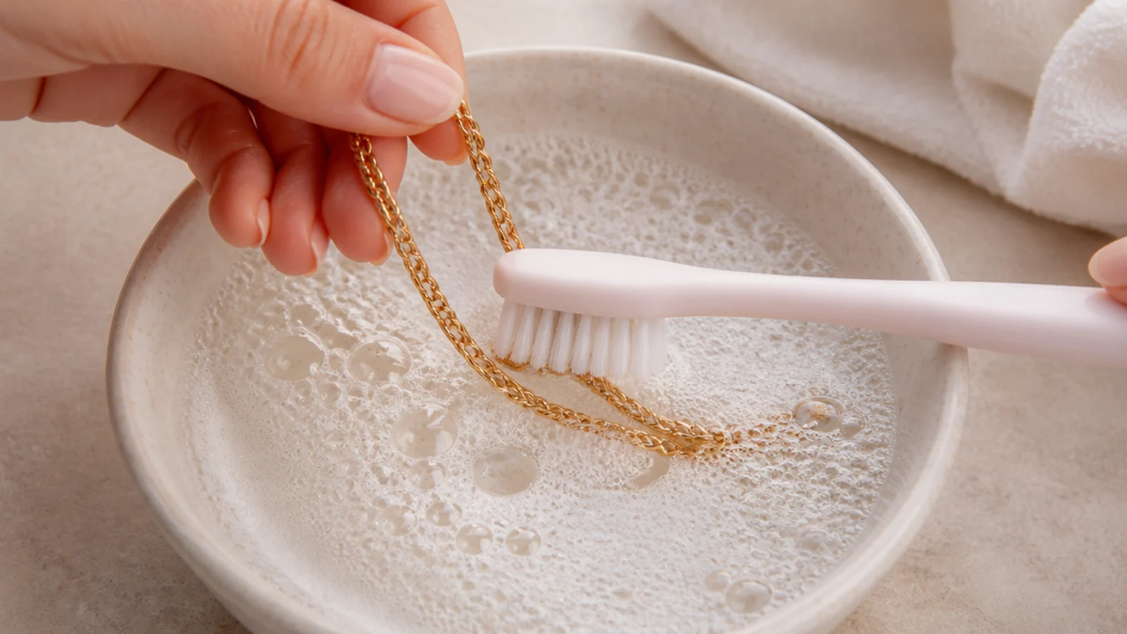 Faceless close-up of a soft baby toothbrush gently brushing a gold chain over a bowl
