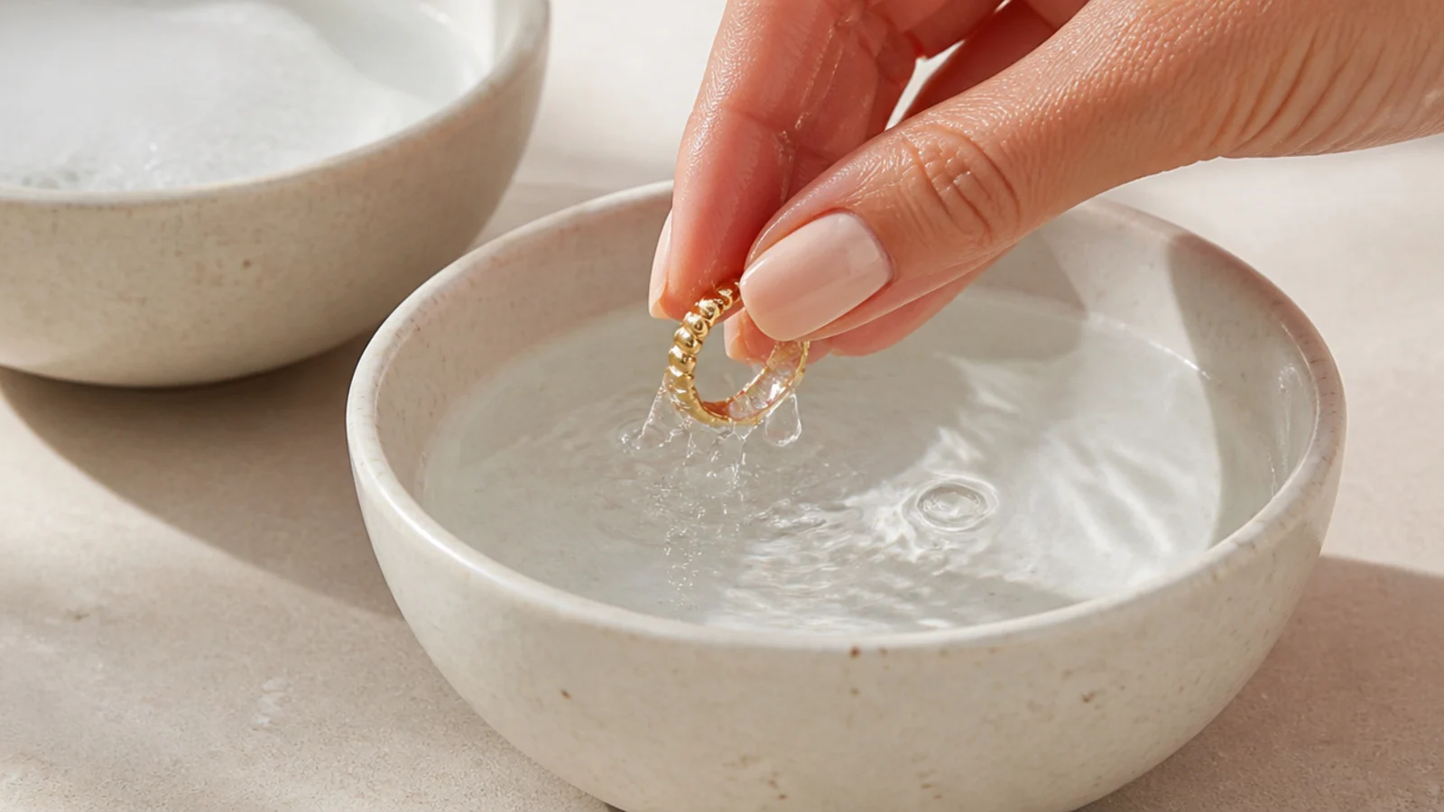 Faceless close-up of a gold ring being rinsed in a second bowl of clean water