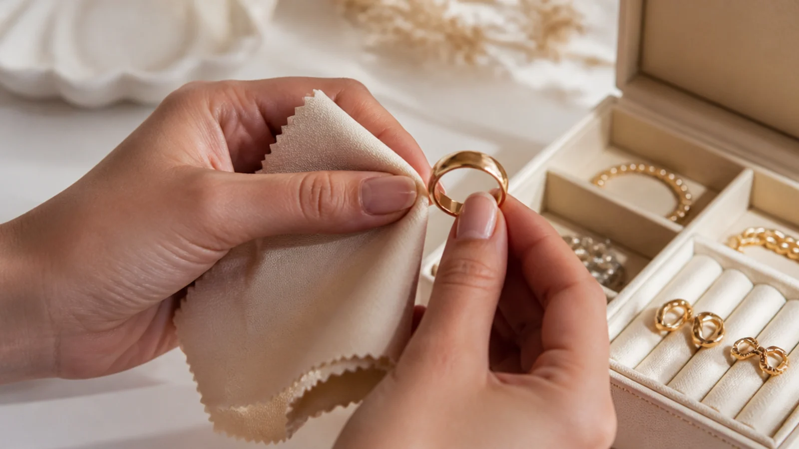 Faceless close-up of a jewelry polishing cloth buffing a gold ring before it is stored in a compartment box