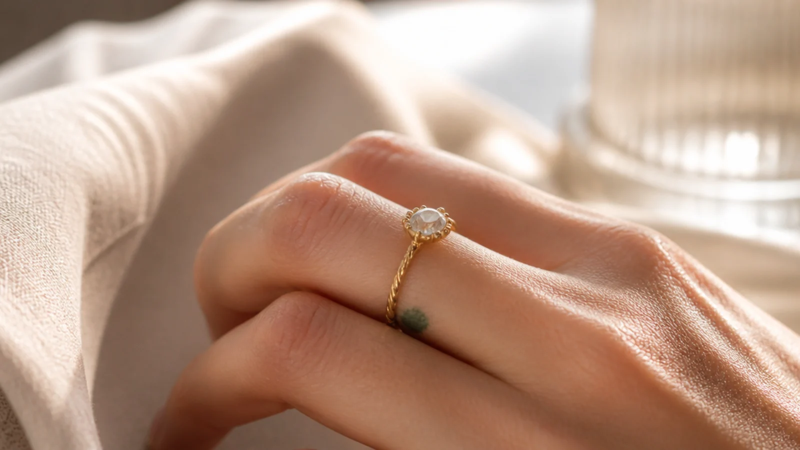 Faceless close-up of a finger with a faint green mark beside a worn gold-plated ring