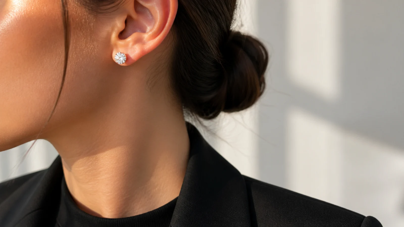 Faceless close-up of round diamond stud earrings worn with an all-black work outfit and blazer