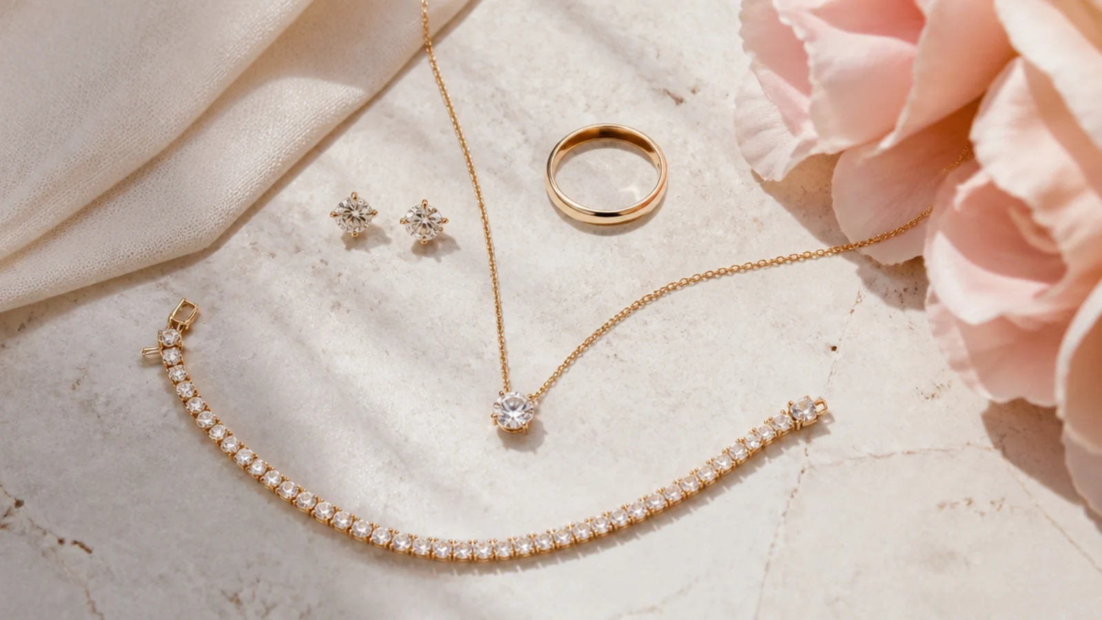 Faceless flatlay of appropriate work jewelry including studs, a thin chain, a tennis bracelet and a plain ring