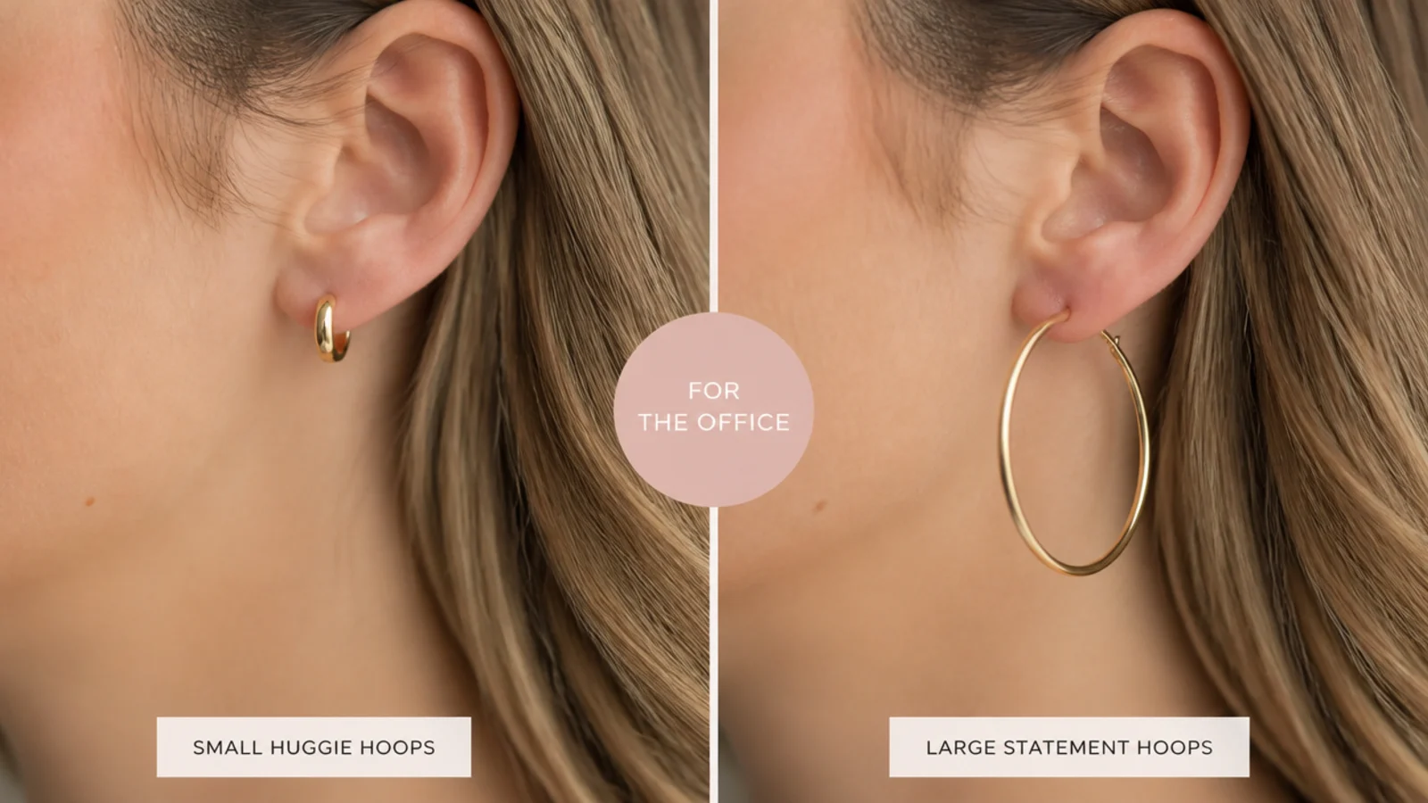 Faceless close-up comparing small gold huggie hoops and larger statement hoops for the office
