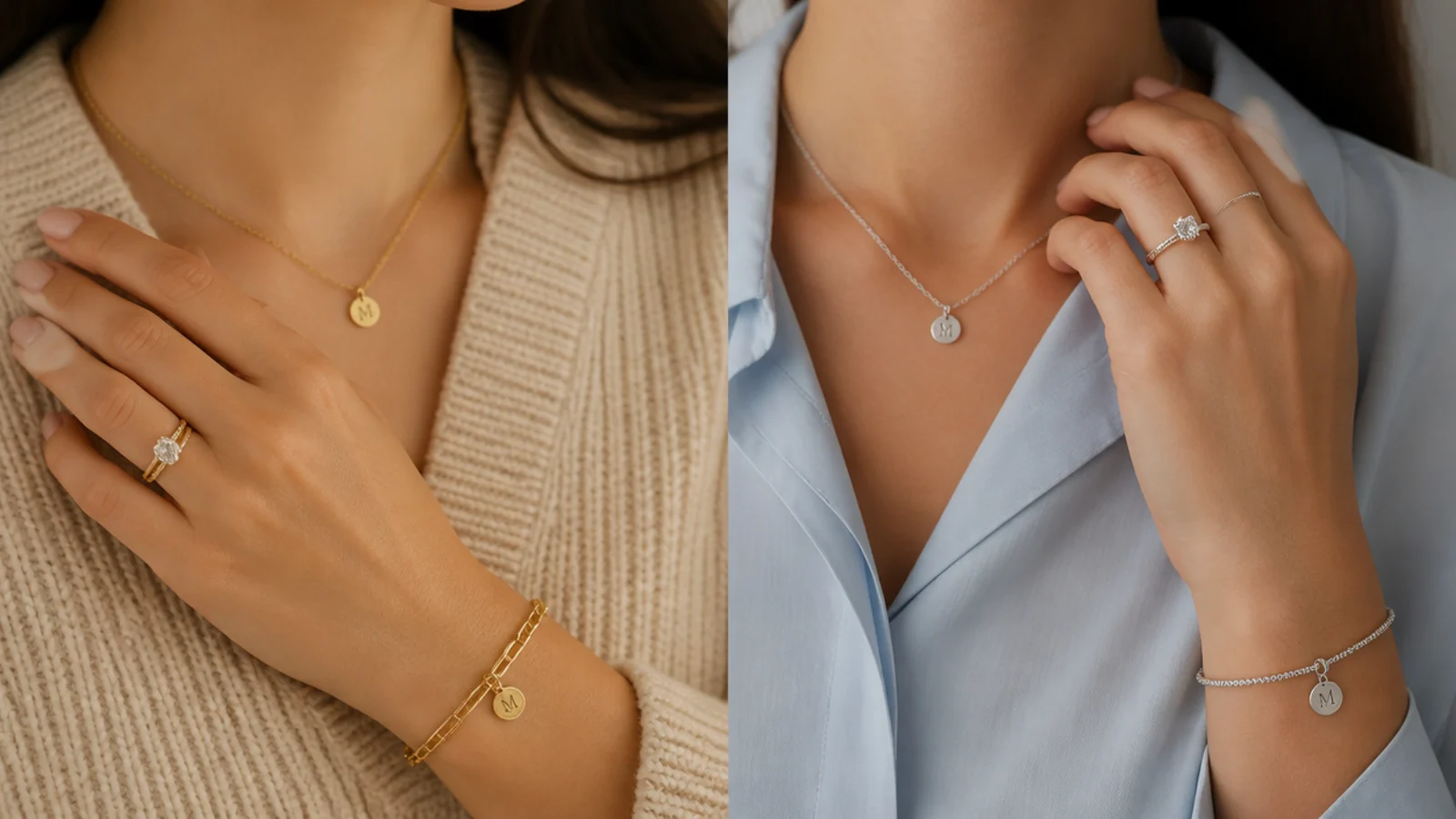 Faceless close-up comparing warm gold jewelry with warm clothing and silver with cool tones