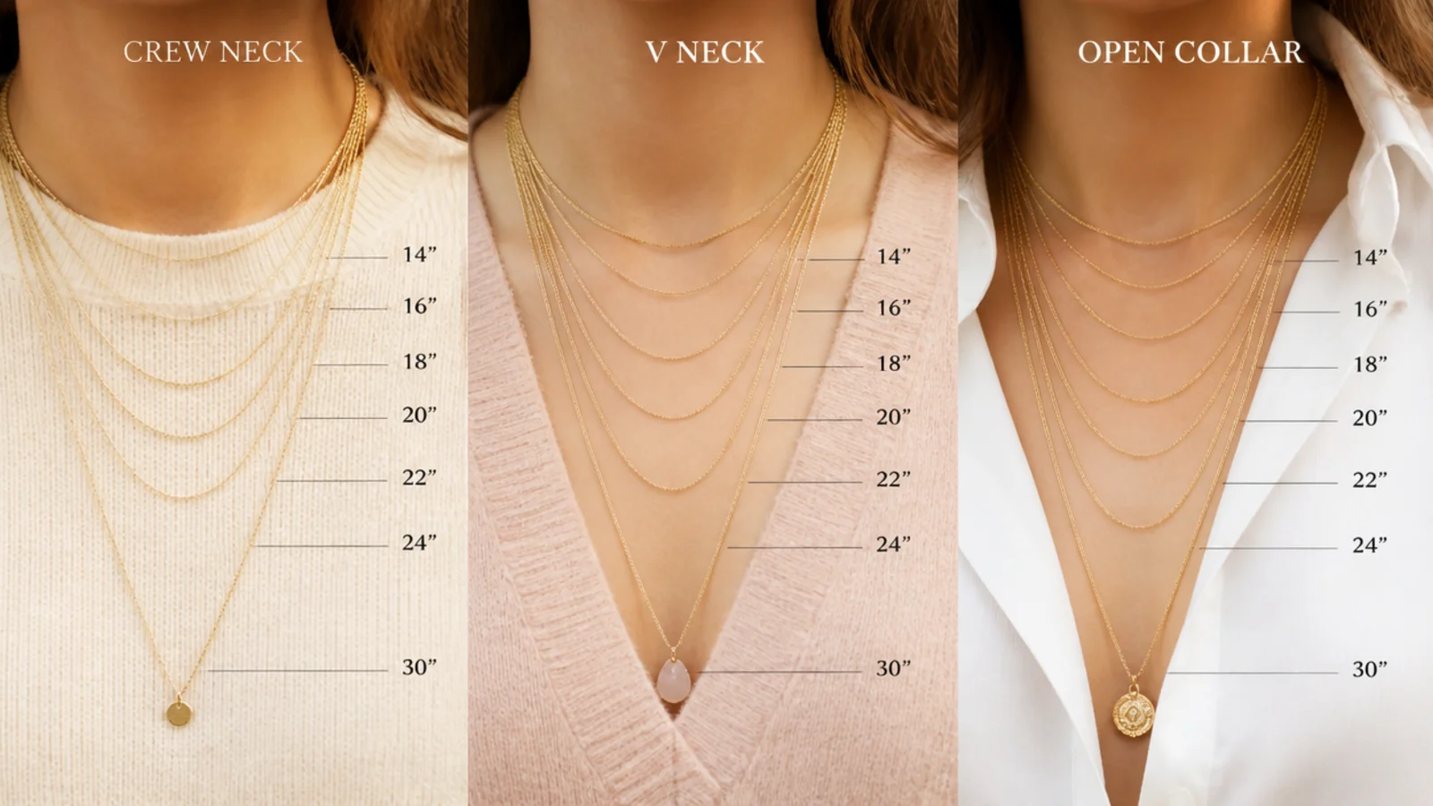 Faceless diagram-style close-up of chain lengths matched to crew, V and open collar necklines